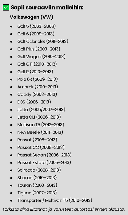 VW/Seat/Skoda Carplay/Android näyttö (uudemmat mallit)